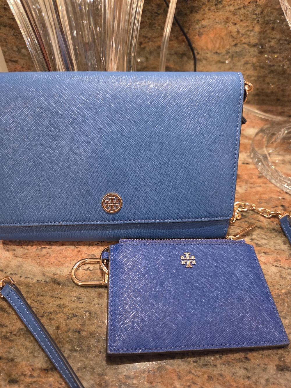 Tory Burch Blue Saffiano Leather Crossbody And Wallet